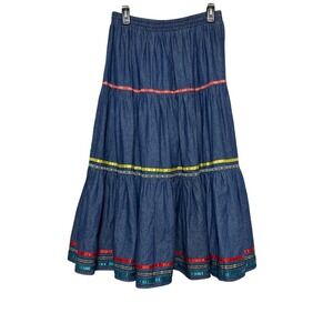 Vintage Country Suburban Cottagecore Denim Tiered Skirt Womens 8 Prairie Rustic